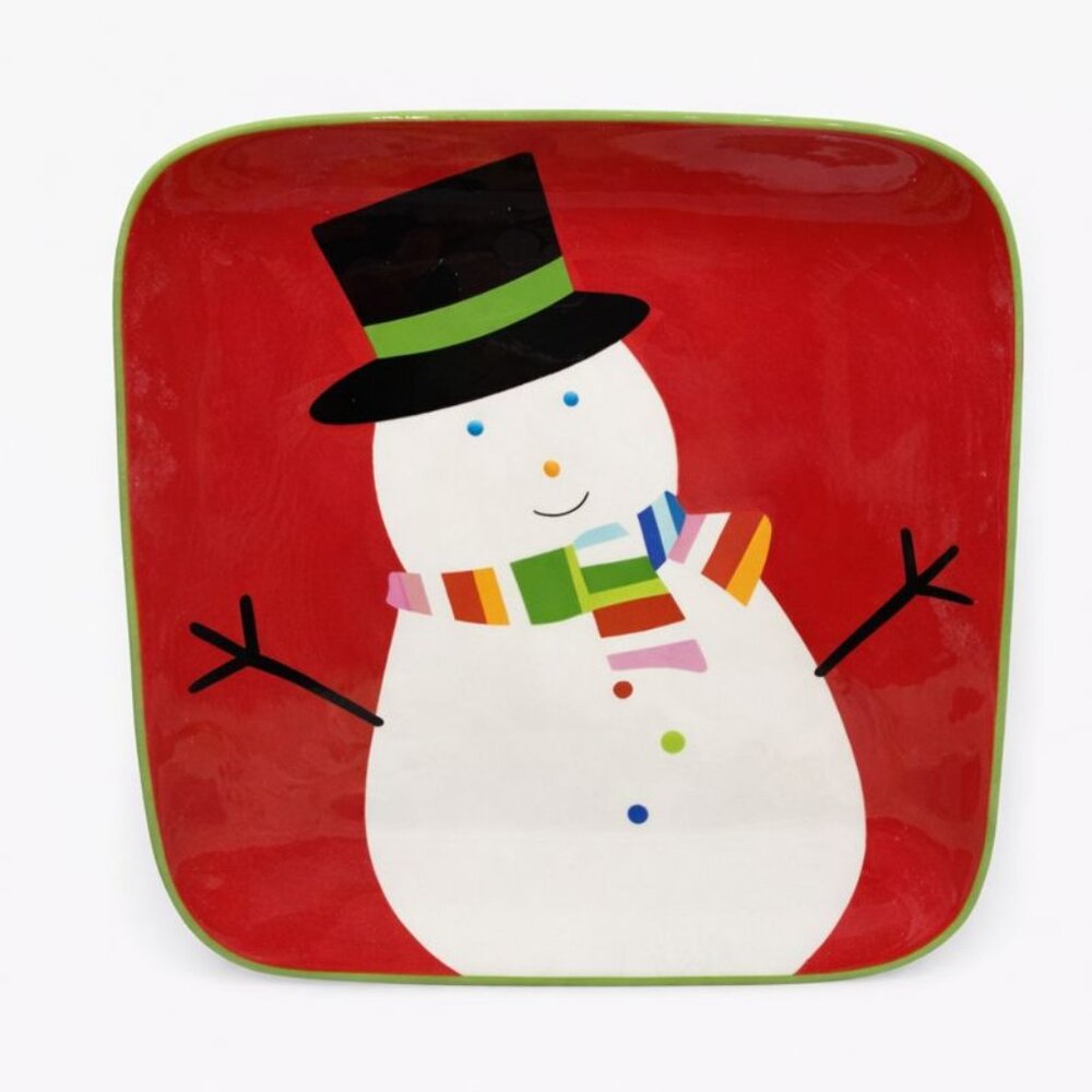 Snowman Christmas Plate Square Red Green Holiday Serving Decorative Winter Plate